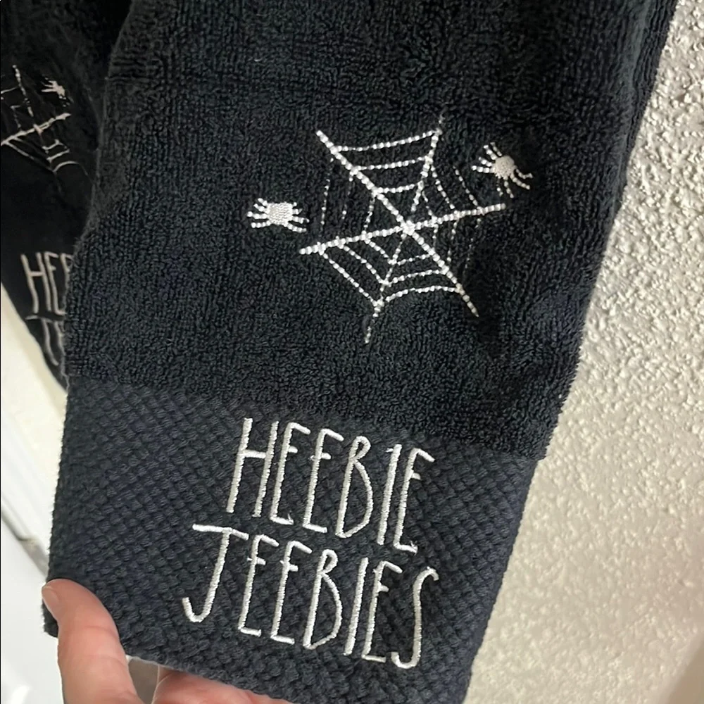 Rae Dunn Black Heebie Jeebies Spider Hand Towels